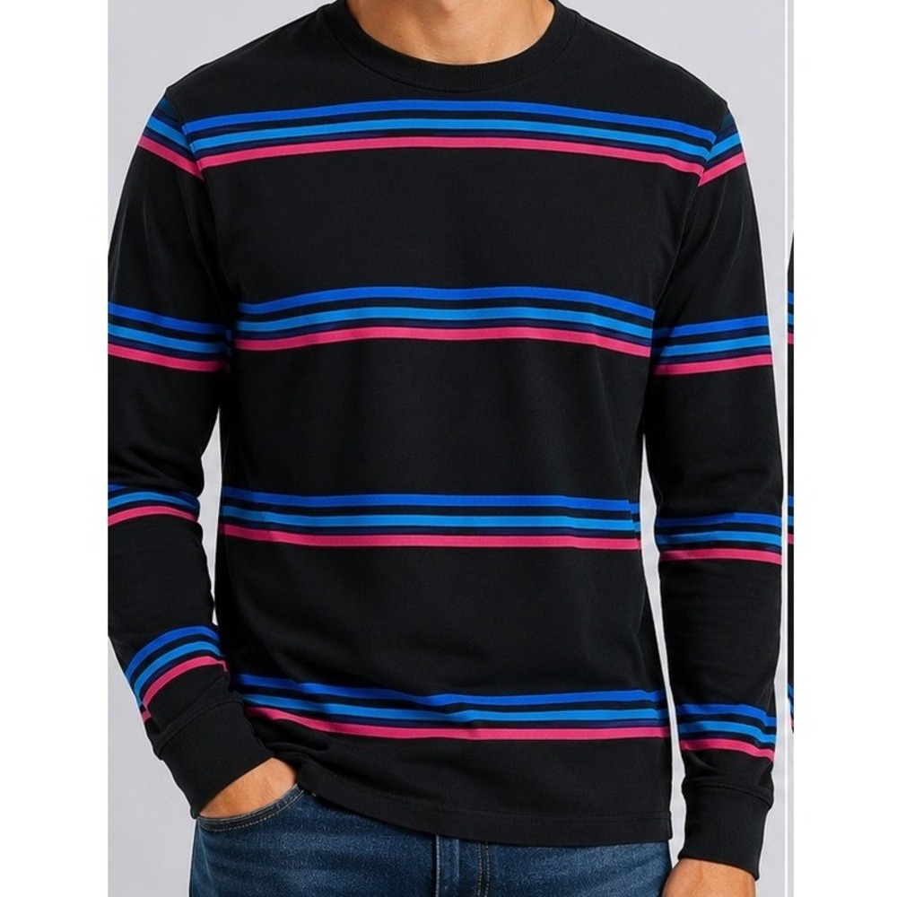 American Eagle Mens Long Sleeve Shirt Black Blue Red Striped Small